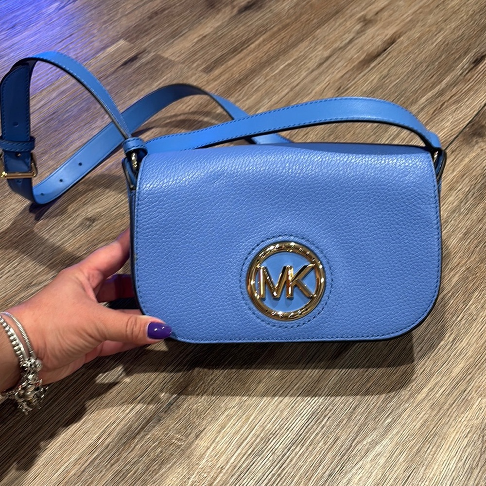 Michael Kors Blue Leather Crossbody Bag with Gold Hardware